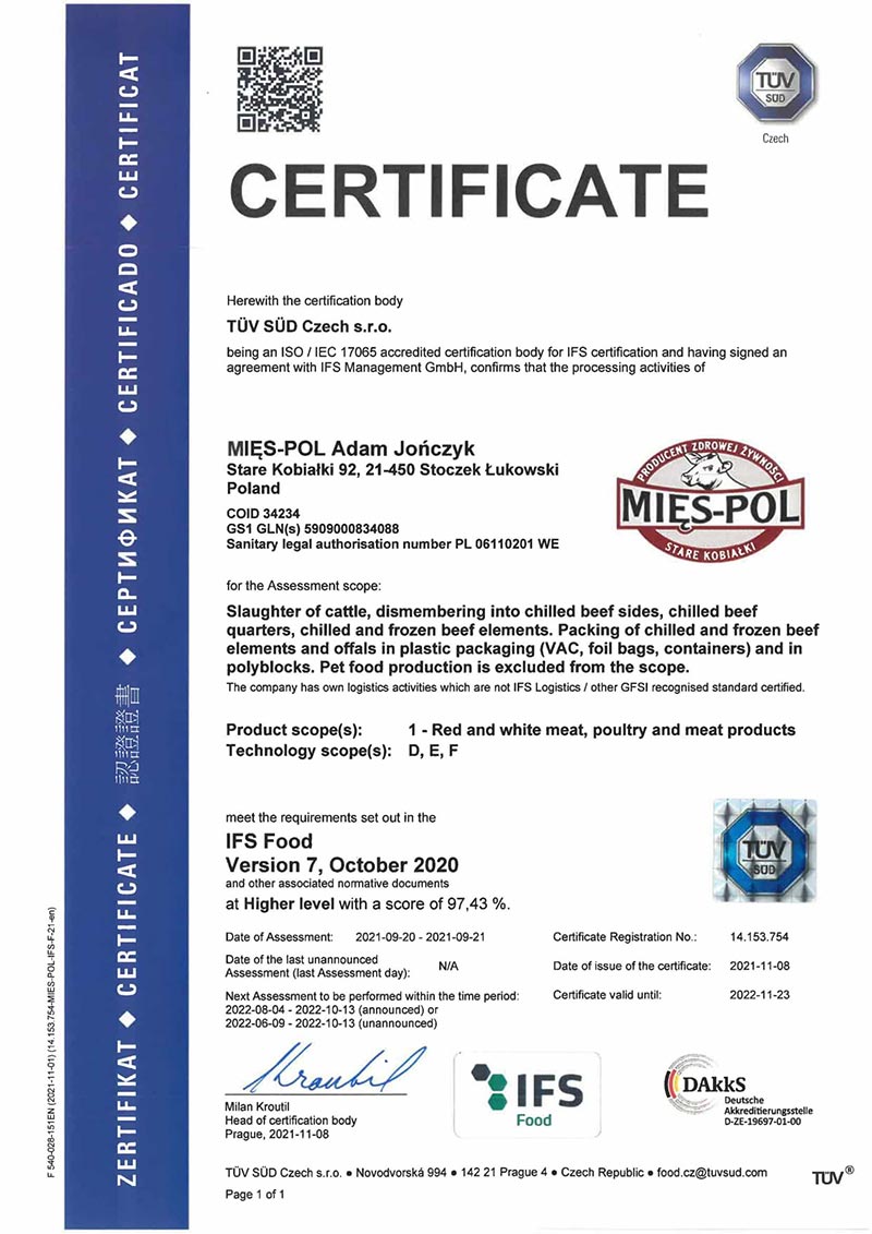 certyfikat IFS - EN 2021 r.